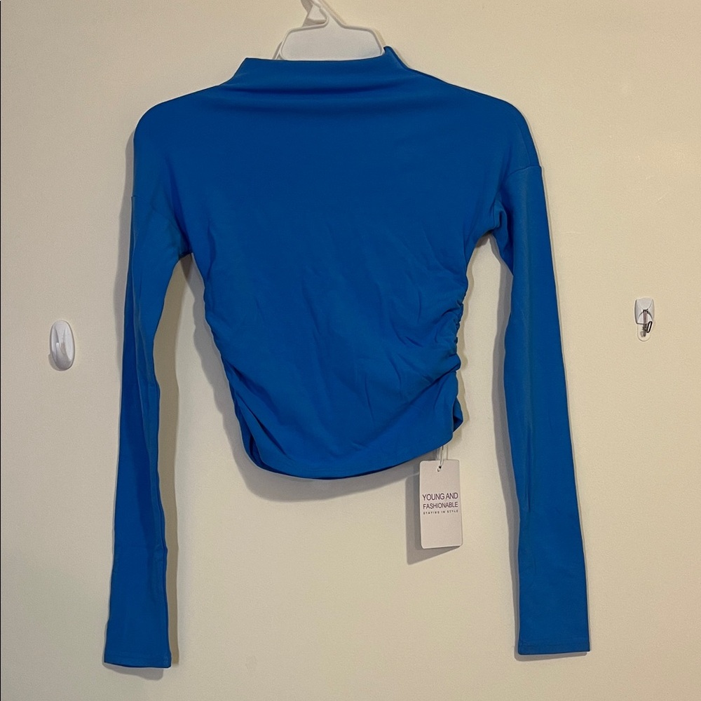 Blue Long-Sleeve Ruched Mock Neck Top